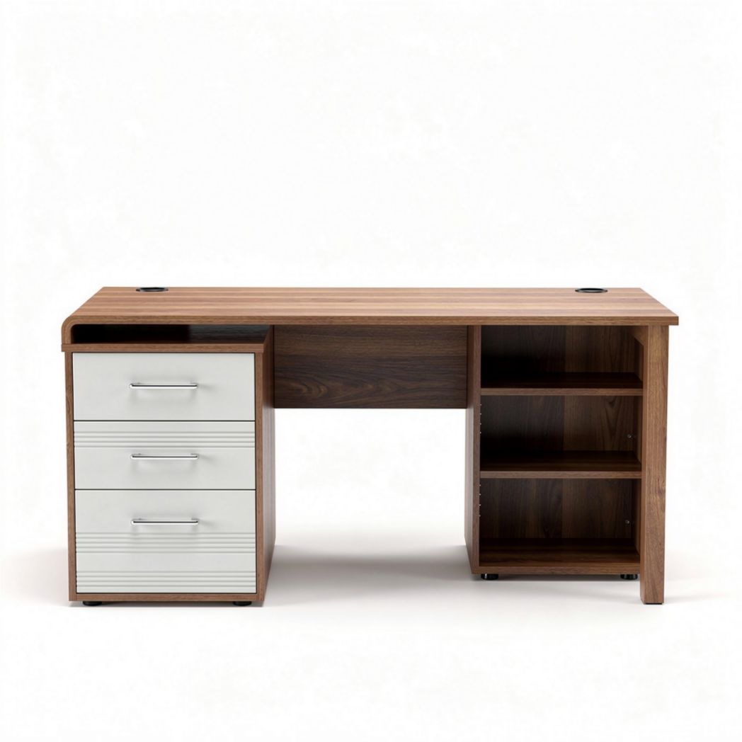 Bureau en bois couleur chêne avec tiroirs et étagères dimensions 150 x 60 x 75cm