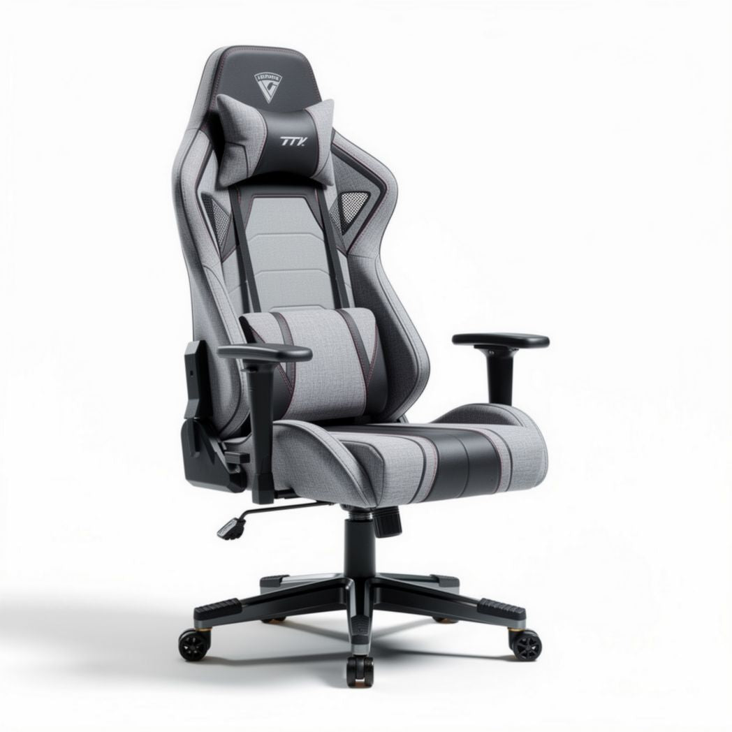 Chaise de bureau ergonomique grise en tissu avec accoudoirs réglables 70 x 70 x 130cm