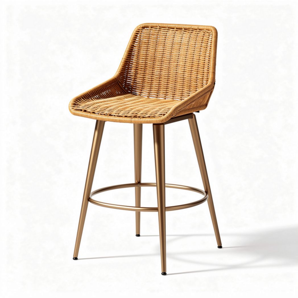 Tabouret de bar en rotin tressé couleur beige avec pieds en métal doré 45 x 45 x 95cm